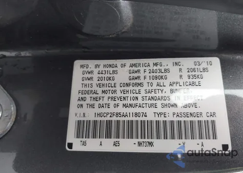 2010 Honda Accord 2.4 Ex-L from USA, damaged, VIN 1HGCP2F85AA118074